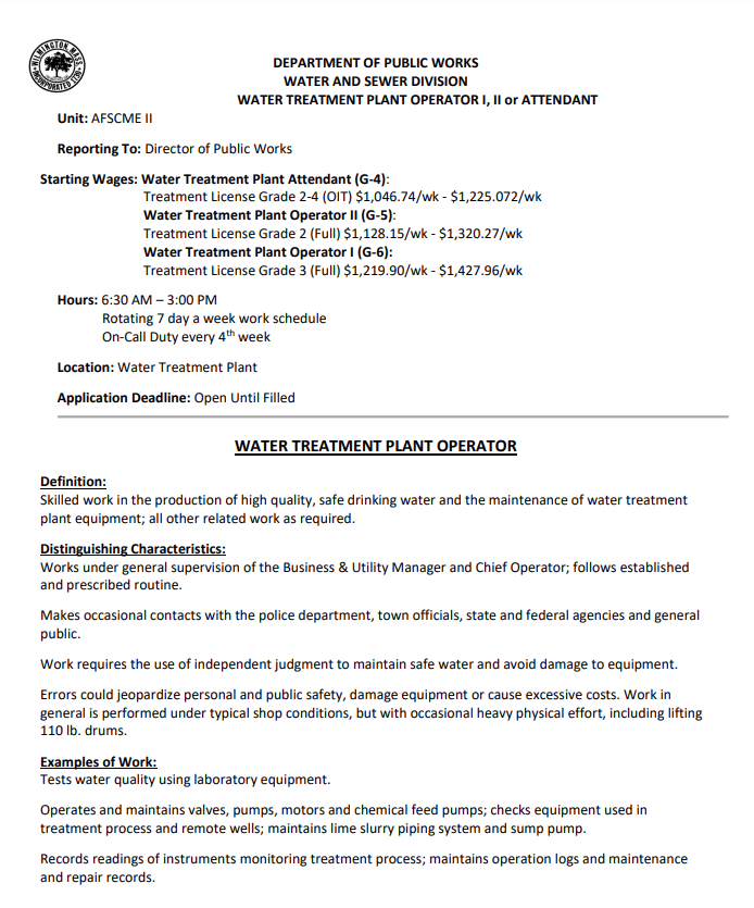 NOW HIRING Town Seeking Water Treatment Plant Operator Wilmington Apple