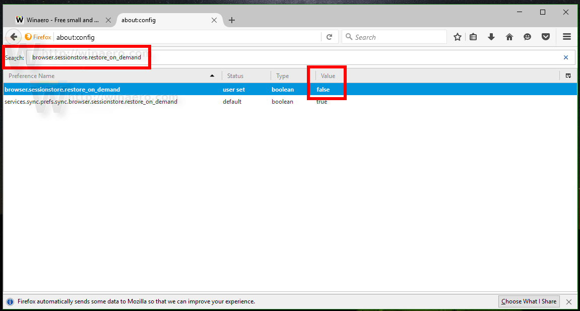 Make Firefox 47 load all tabs at startup and disable tab loading on demand