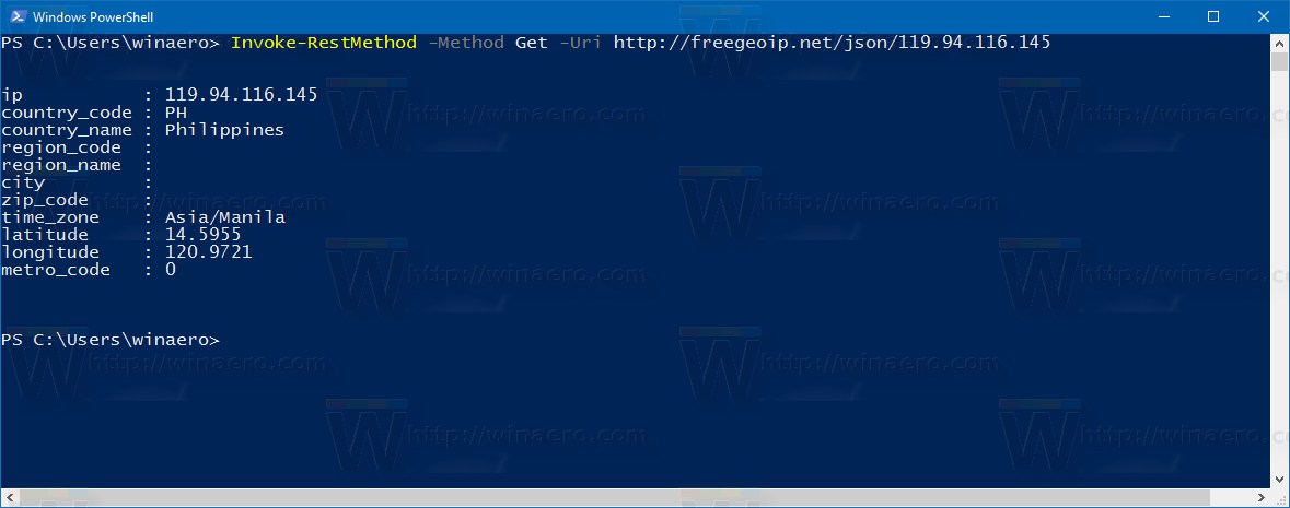 Get Geolocation info of IP Address in Windows 10