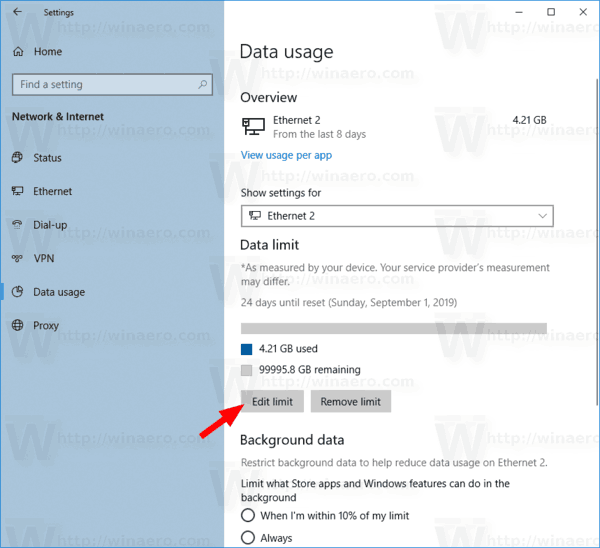Set Data Limit for WiFi and in Windows 10