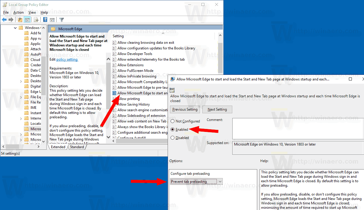 Disable Microsoft Edge Tab Preloading in Windows 10