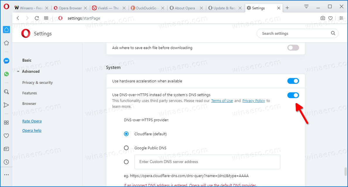 Enable DNS over HTTPS in Opera (DoH)
