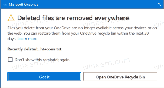Disable or Enable OneDrive Deleted files are removed everywhere dialog