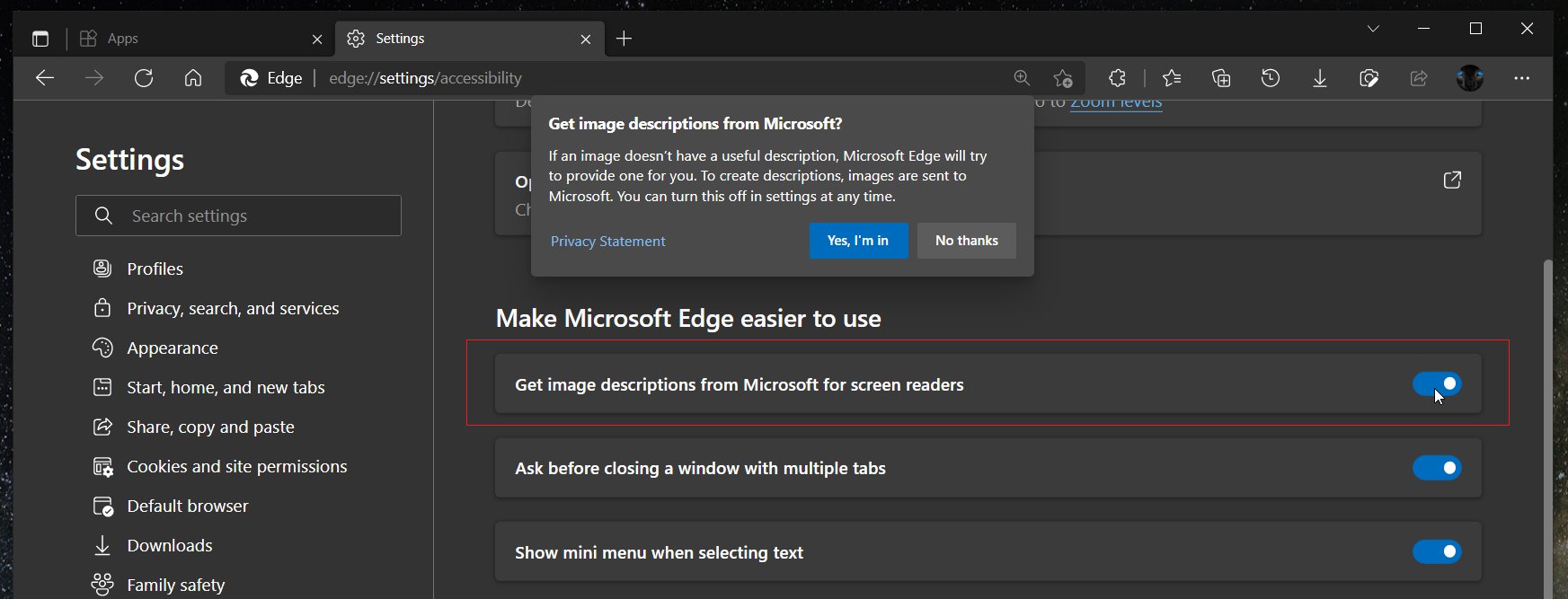 Microsoft Edge can now create automatic image descriptions for screen