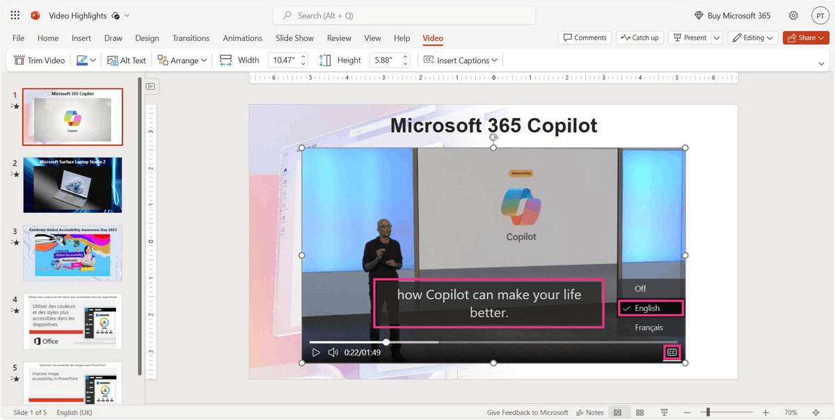  version of PowerPoint now supports video captions and subtitles