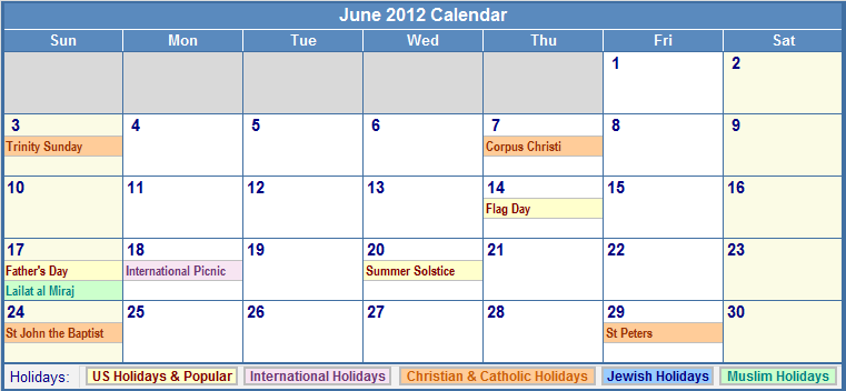 June 2012 Calendar with Holidays - as Picture