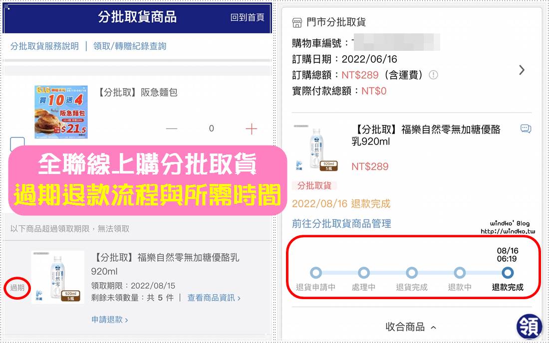 全聯分批取貨過期怎麼辦？全聯線上購寄杯分批取商品退貨退款流程與所需時間