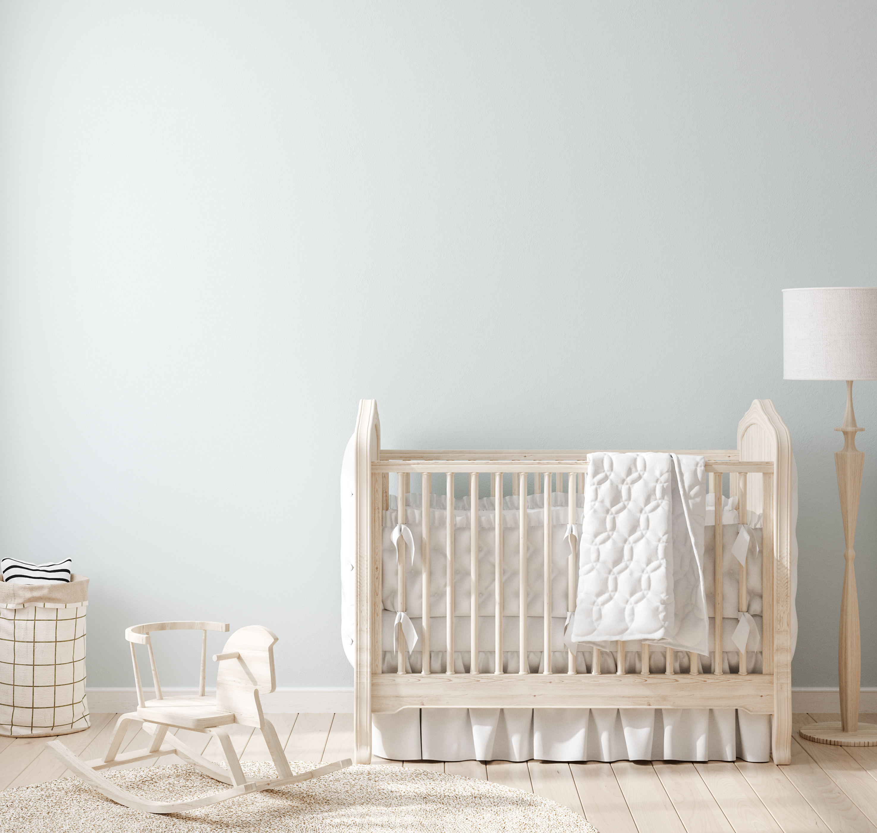 Cozy light blue nursery with natural wooden furniture, 3d render Cozy light blue nursery with natural wooden furniture, 3d render