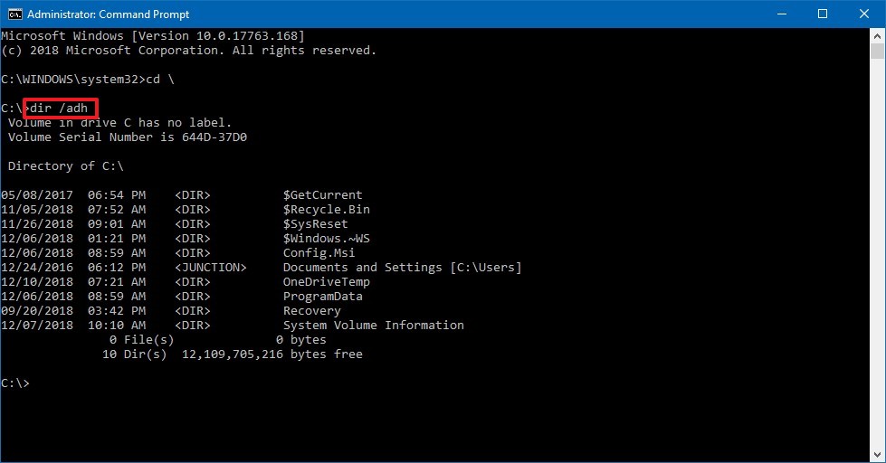 How to show hidden files windows 10 using command prompt