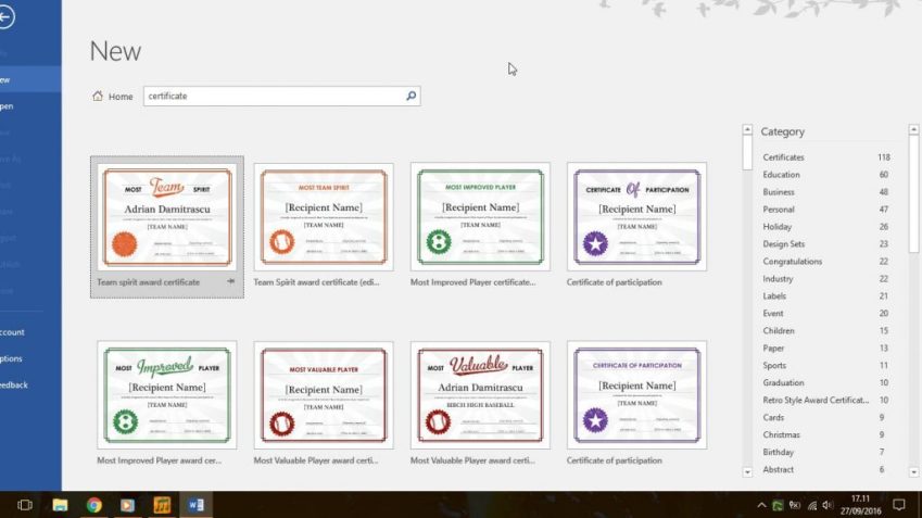 Memilih Template Sertifikat Microsoft Word