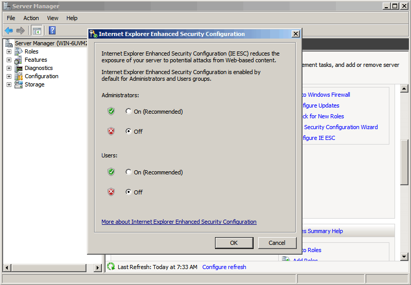 Отключить защищенный режим explorer windows server 2008