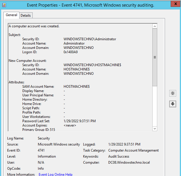 Event ID 4741 A computer account was created WindowsTechno