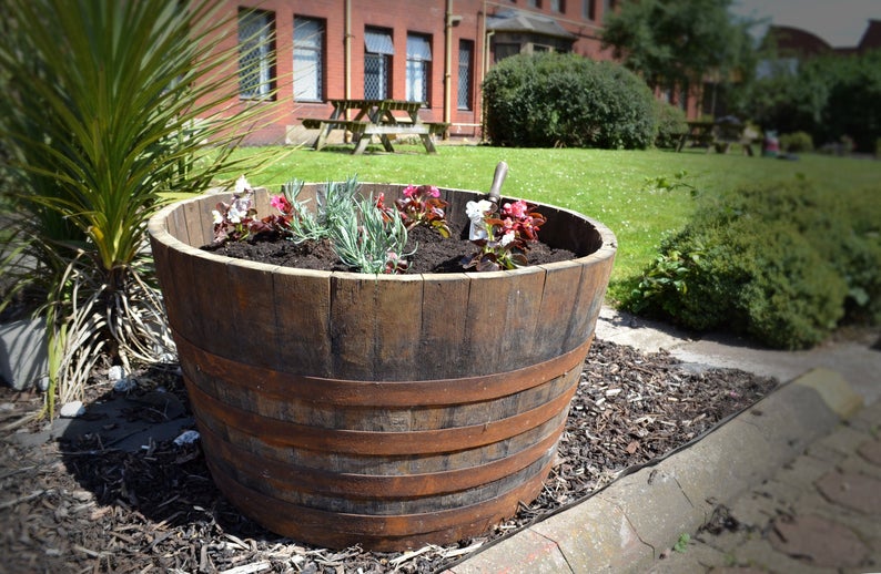 Half Wooden Barrels For Garden Garden Design Ideas