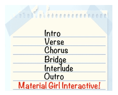 A summary image showing the list of song-structure segments used by the dynamic implementation system for the cover version of Madonna's Material Girl (as discussed in the article by video game composer Winifred Phillips).
