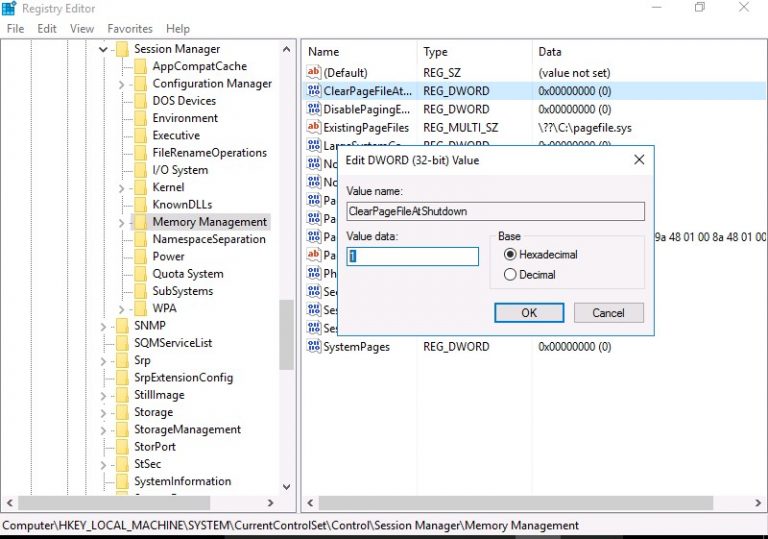 Очистка файла подкачки pagefile.sys при выключении Windows Windows