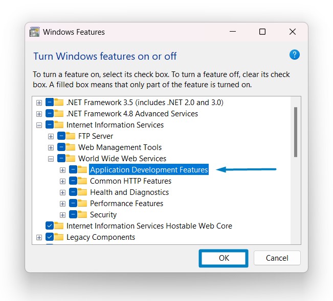 Enable Application Development Features IIS in Windows 11