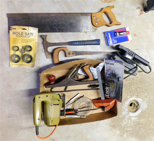 Lot Detail Lot of Tools and Hardware Including Hole Saw Kit, Wood Plane, Hand Sander, Jig Saw