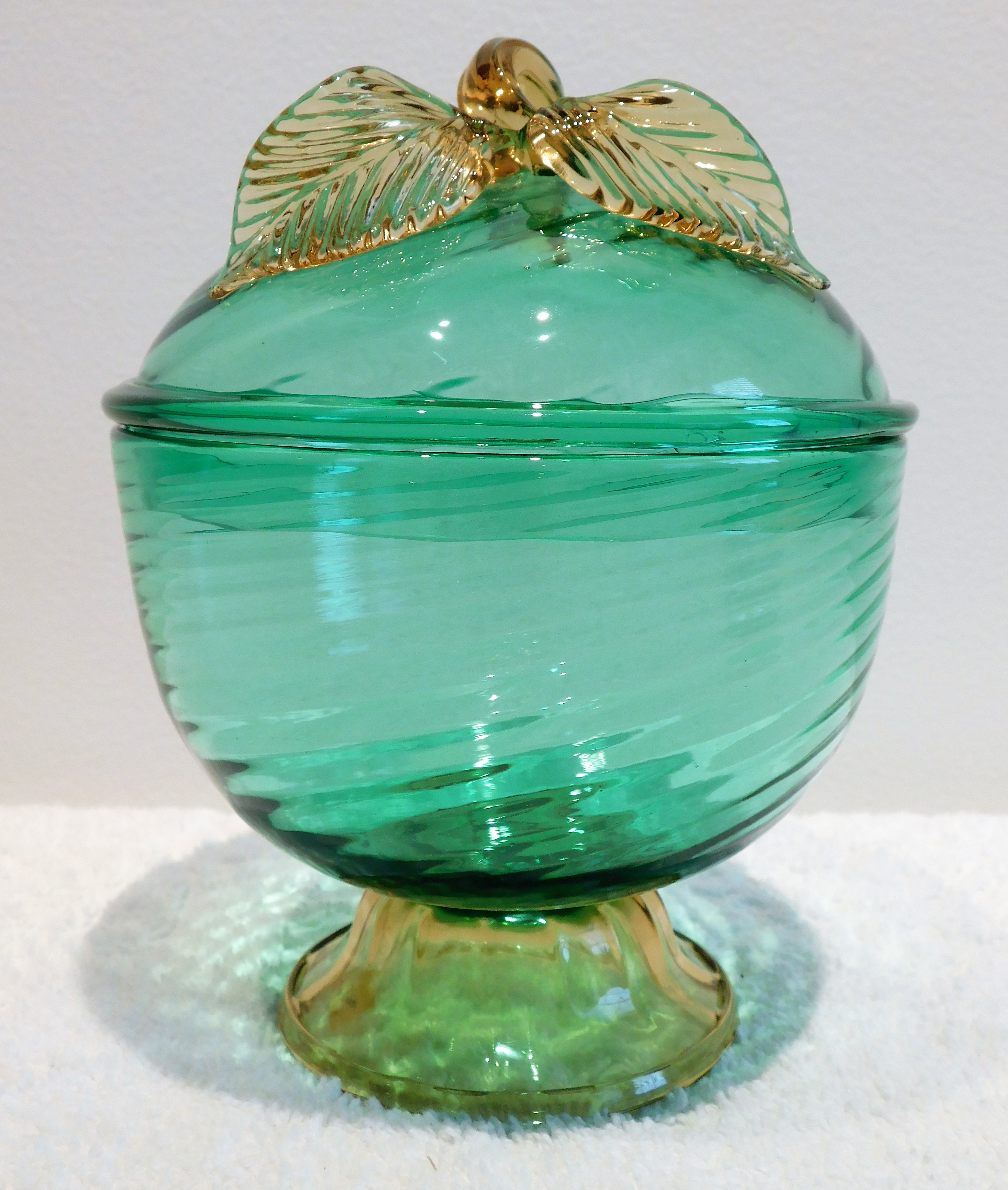 Lot Detail Hand Blown Green Swirl Art Glass Candy Dish with Applied