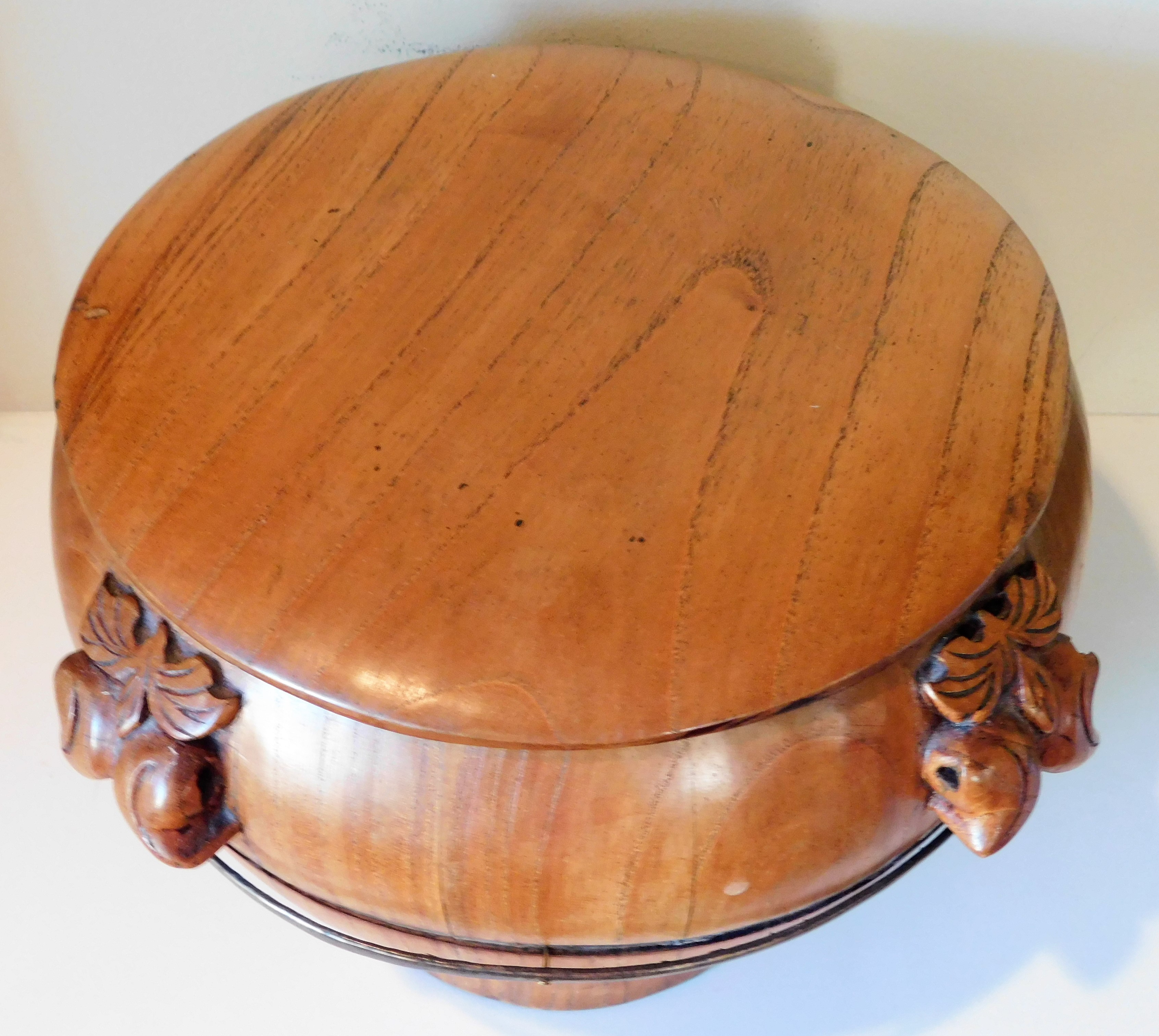 Lot Detail Wood Bucket with Lid Metal Bands Carved Details 9