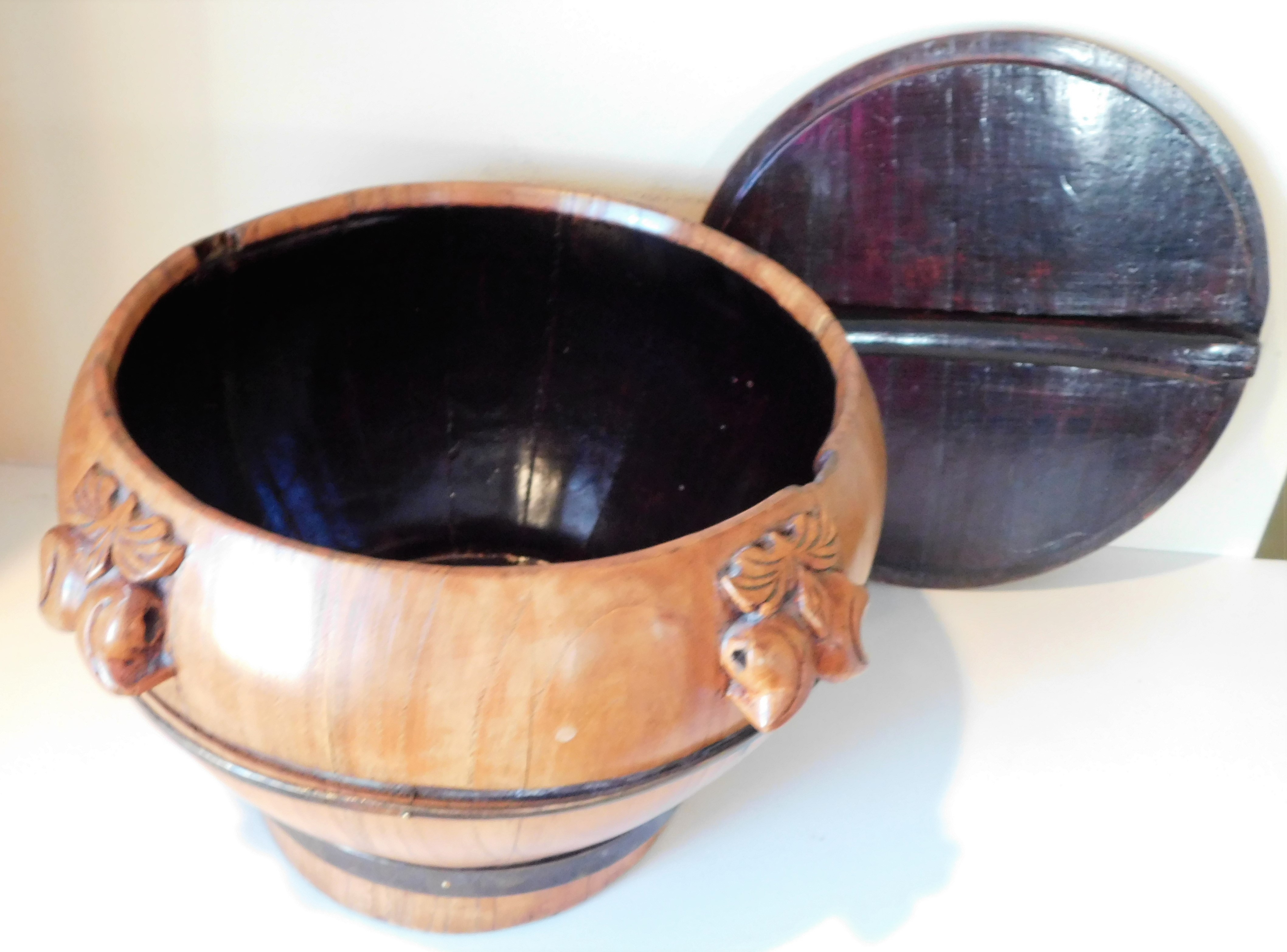 Lot Detail Wood Bucket with Lid Metal Bands Carved Details 9