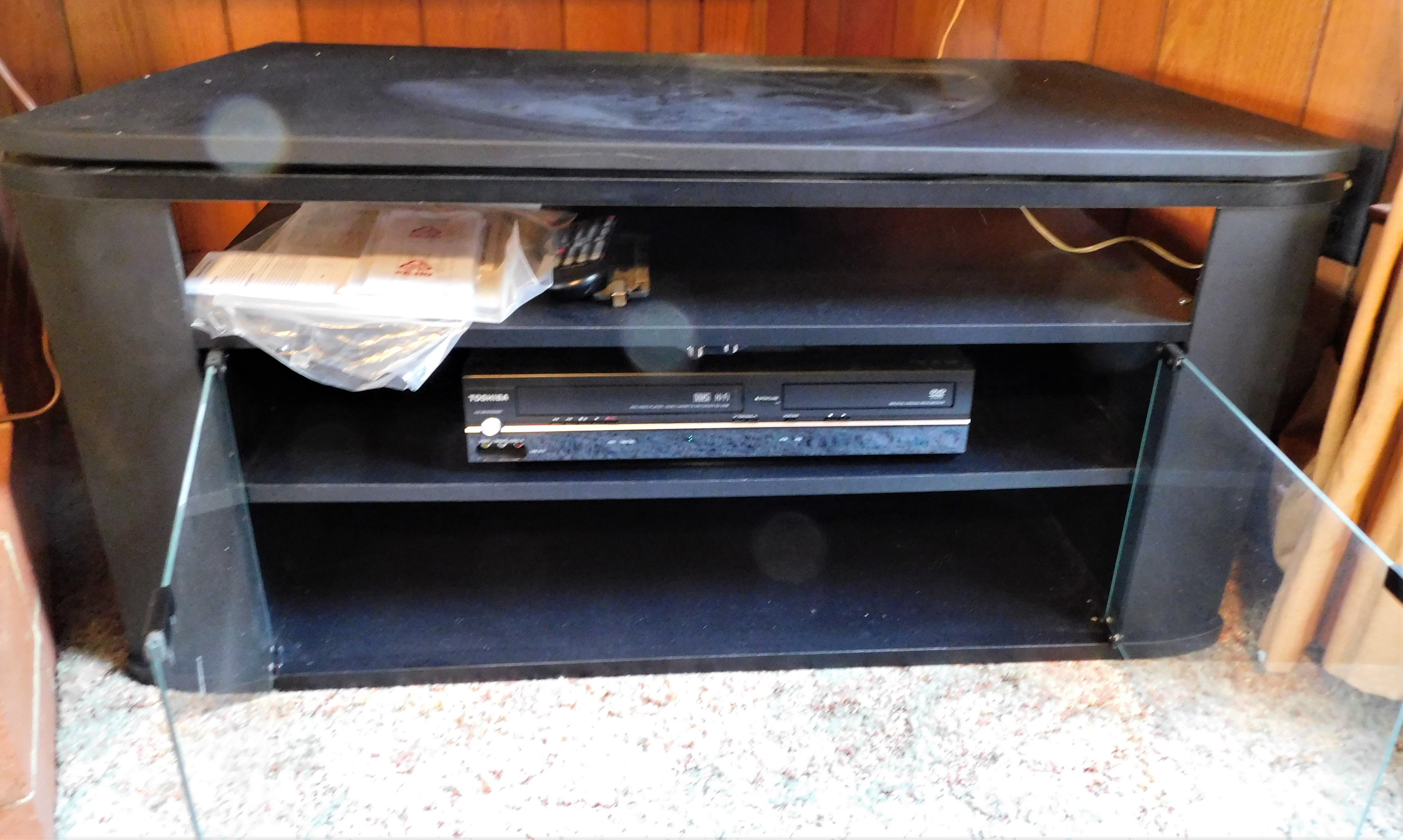 Lot Detail Black Swivel Top TV Stand with Glass Doors with Toshiba