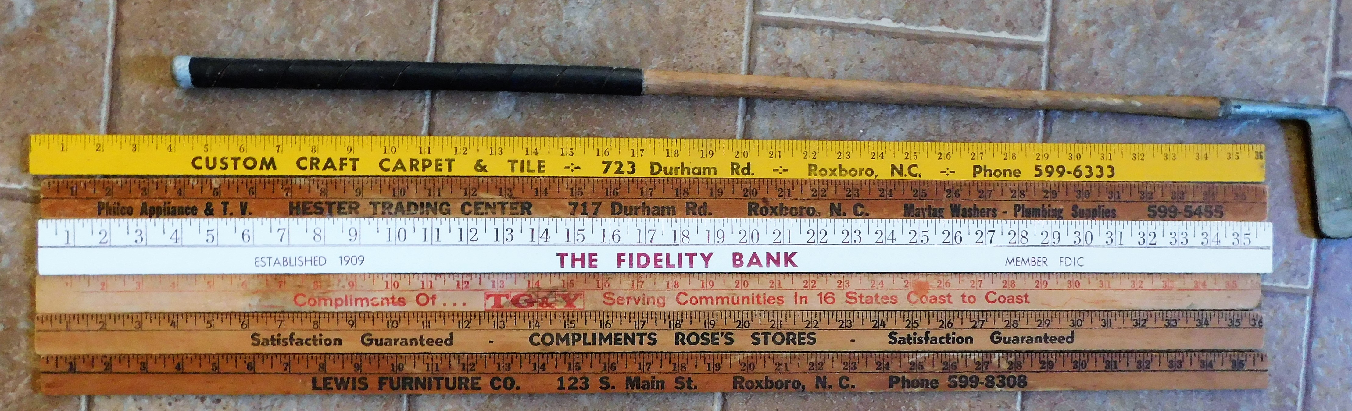 Lot Detail 6 Local Roxboro NC Advertising Yard Sticks and Wood Shaft