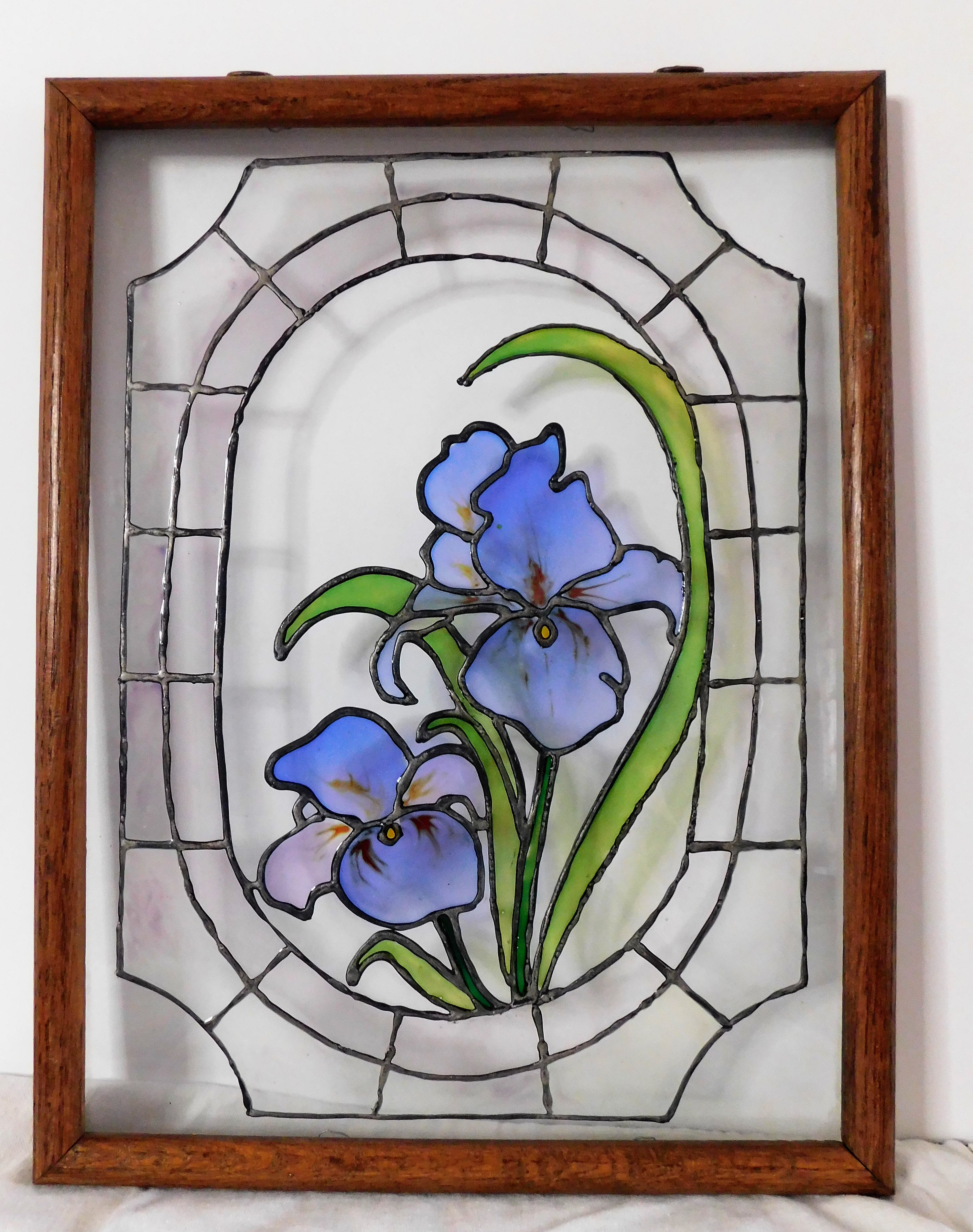 Lot Detail Purple Iris Painted Glass Panel in Wood Frame Frame