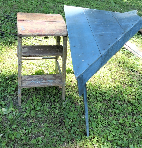 Lot Detail Green Painted Corner Table and Unusual Step Stool / Stool Table Measures 25" tall