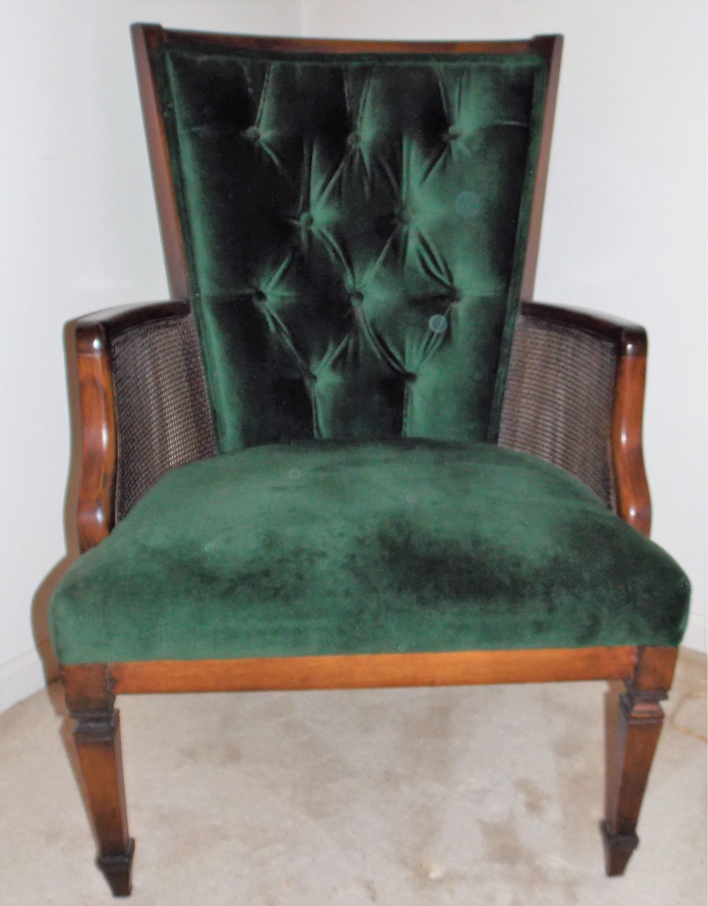 Lot Detail Green Velvet Upholstered Chair with Cane Sides Button