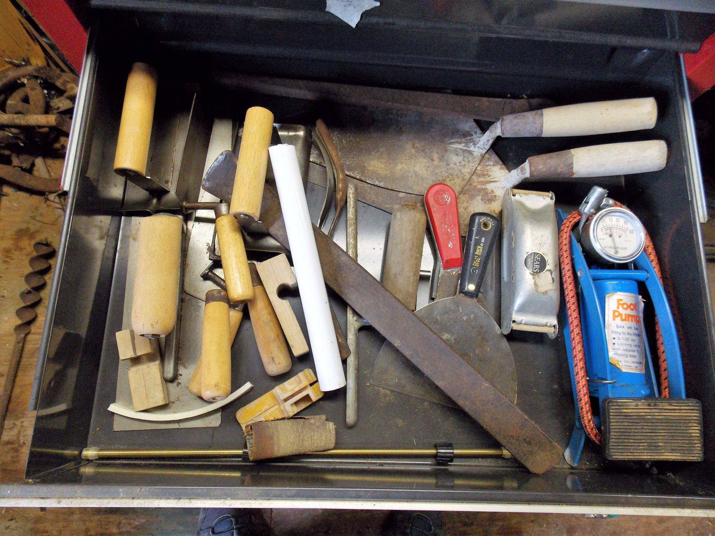 Lot Detail Lot of Hammers, Trowels, and Foot Pump