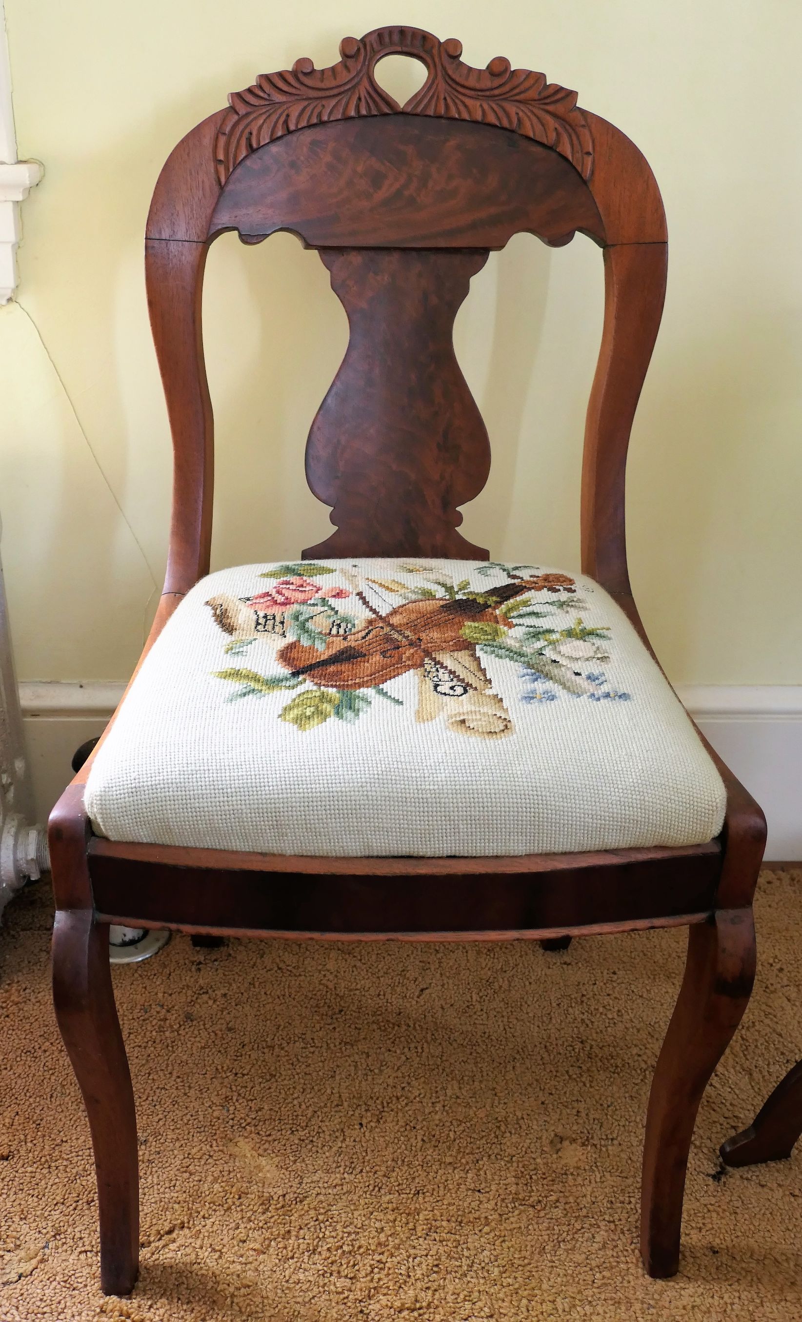 Lot Detail Walnut Side Chair with Carved Back Musical Needlepoint