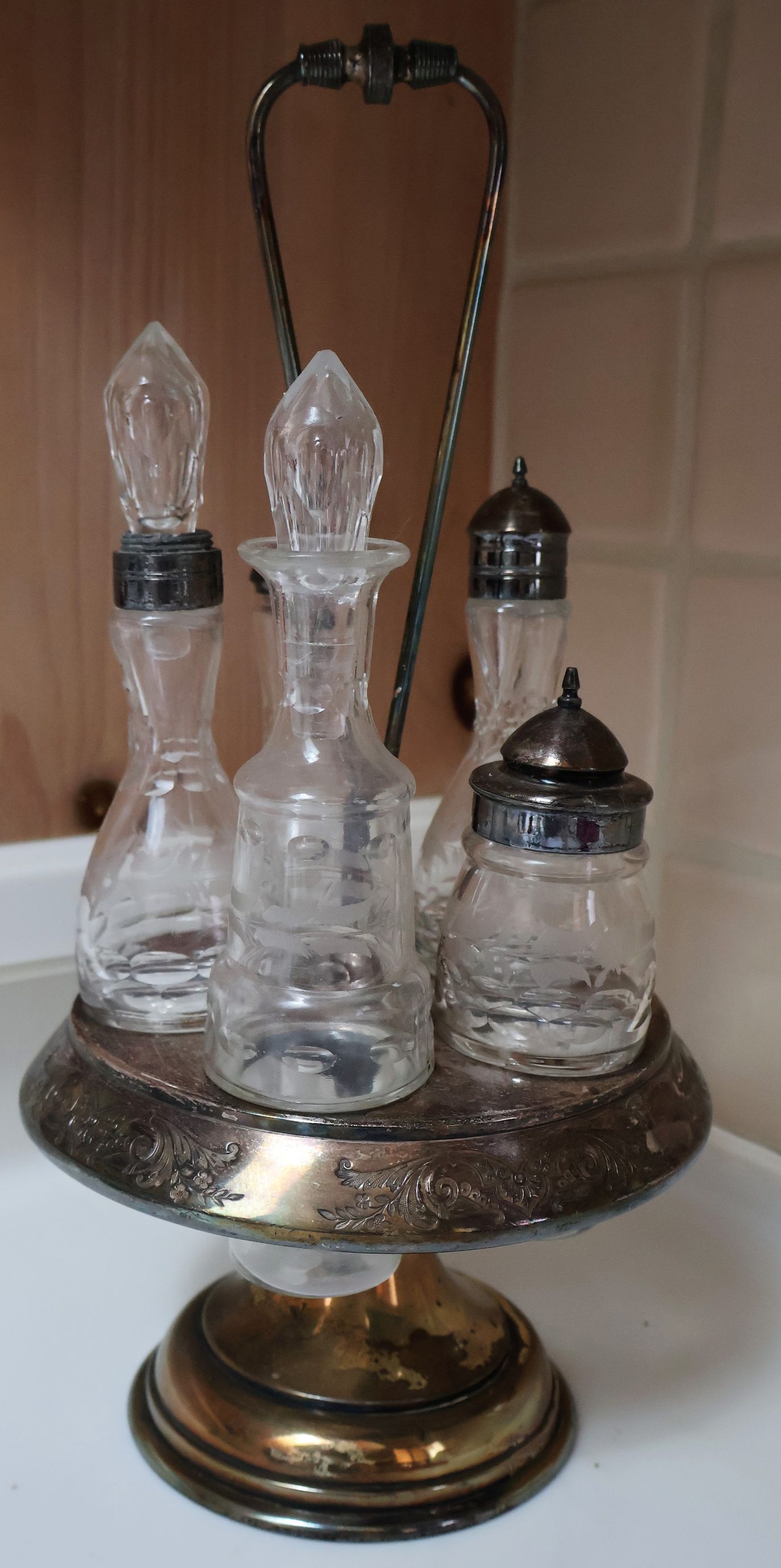 Lot Detail Victorian Silverplate Cruet Set with Etched Bottles