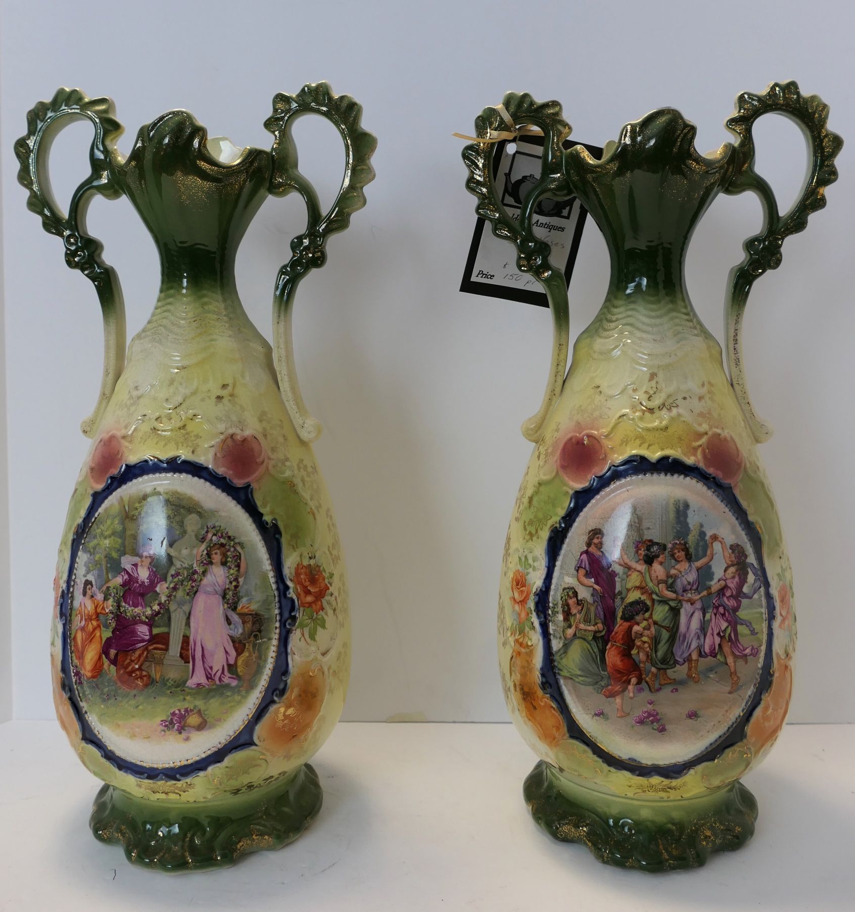 Lot Detail Pair of Victorian Scene Floral Mantle Vases with Double