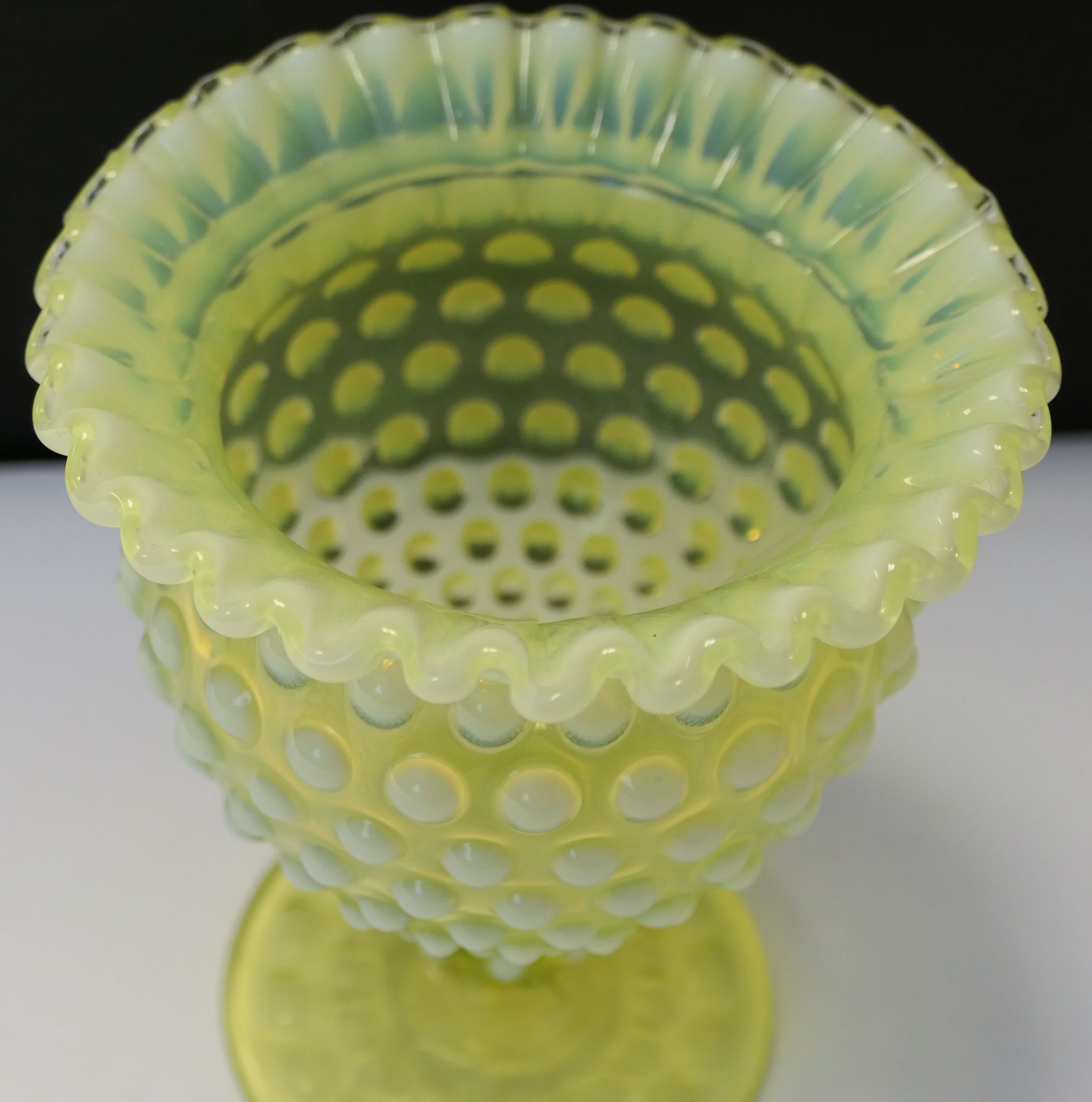 Lot Detail Hobnail Opalescent Vaseline Glass Vase FG on Bottom Measures 6 1/4" Tall
