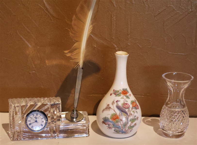 Lot Detail Waterford Crystal Desk Clock and Pen Holder with Quill Pen