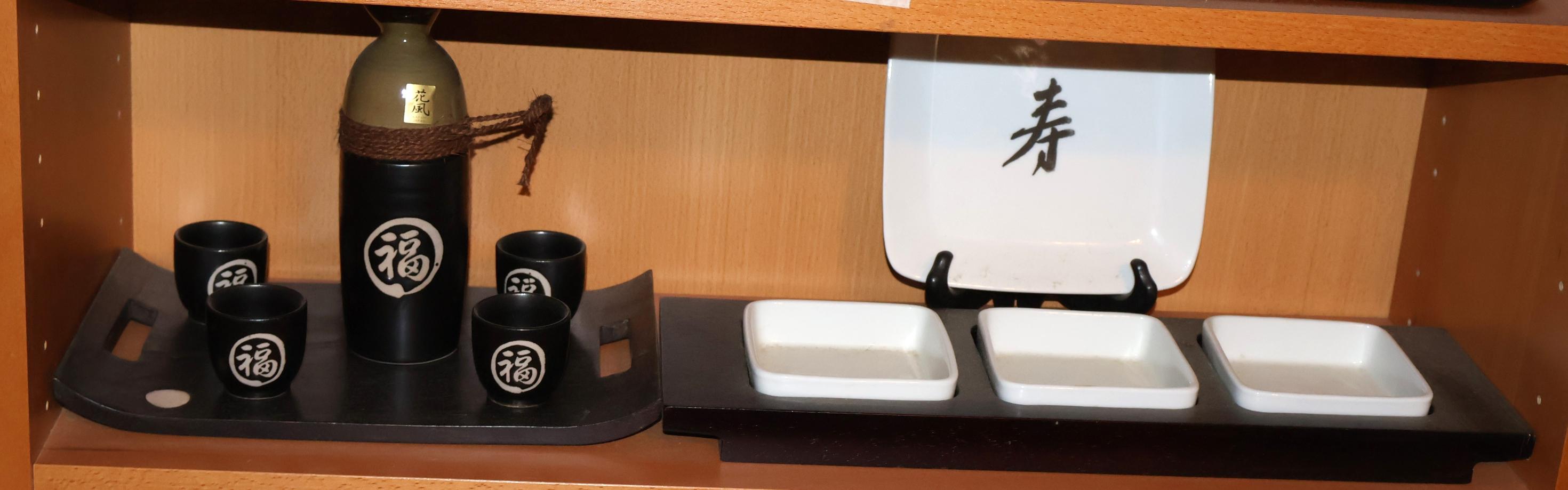 Lot Detail Kafuh Japan Ceramic Sake Set with Wood Under Tray, Set of