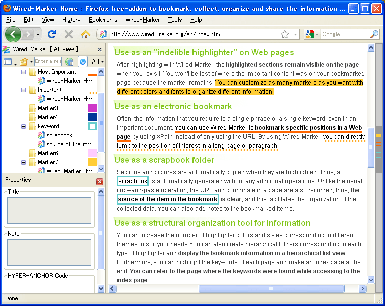 WiredMarker Home Firefox freeaddon to bookmark, collect, organize
