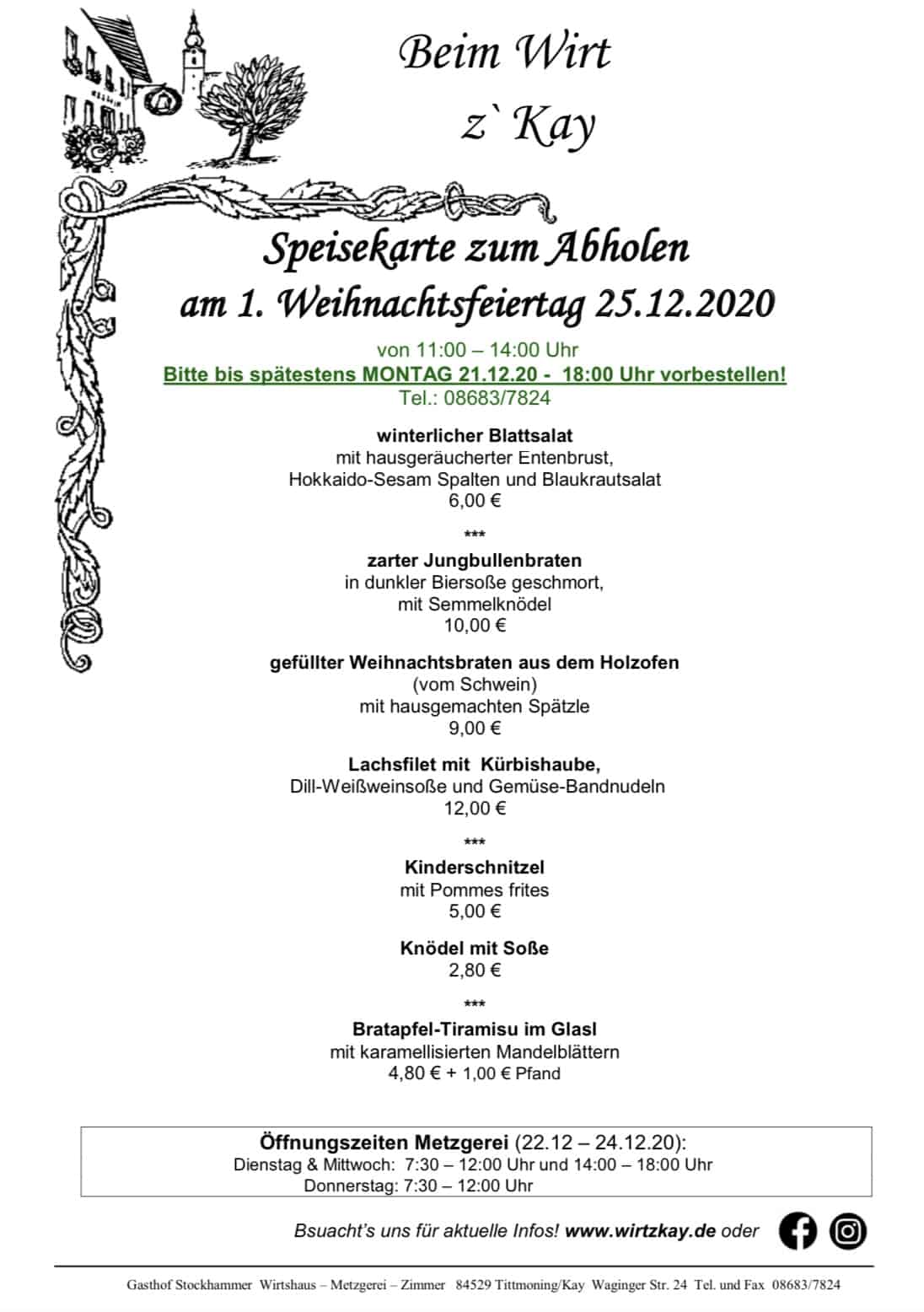 Die Abholspeisekarte beim Wirt z'Kay Gasthof Stockhammer in Kay