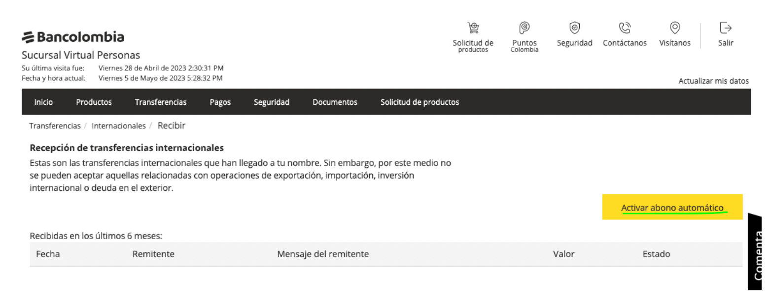 Cómo habilitar cuenta Bancolombia para recibir dinero del exterior Wise