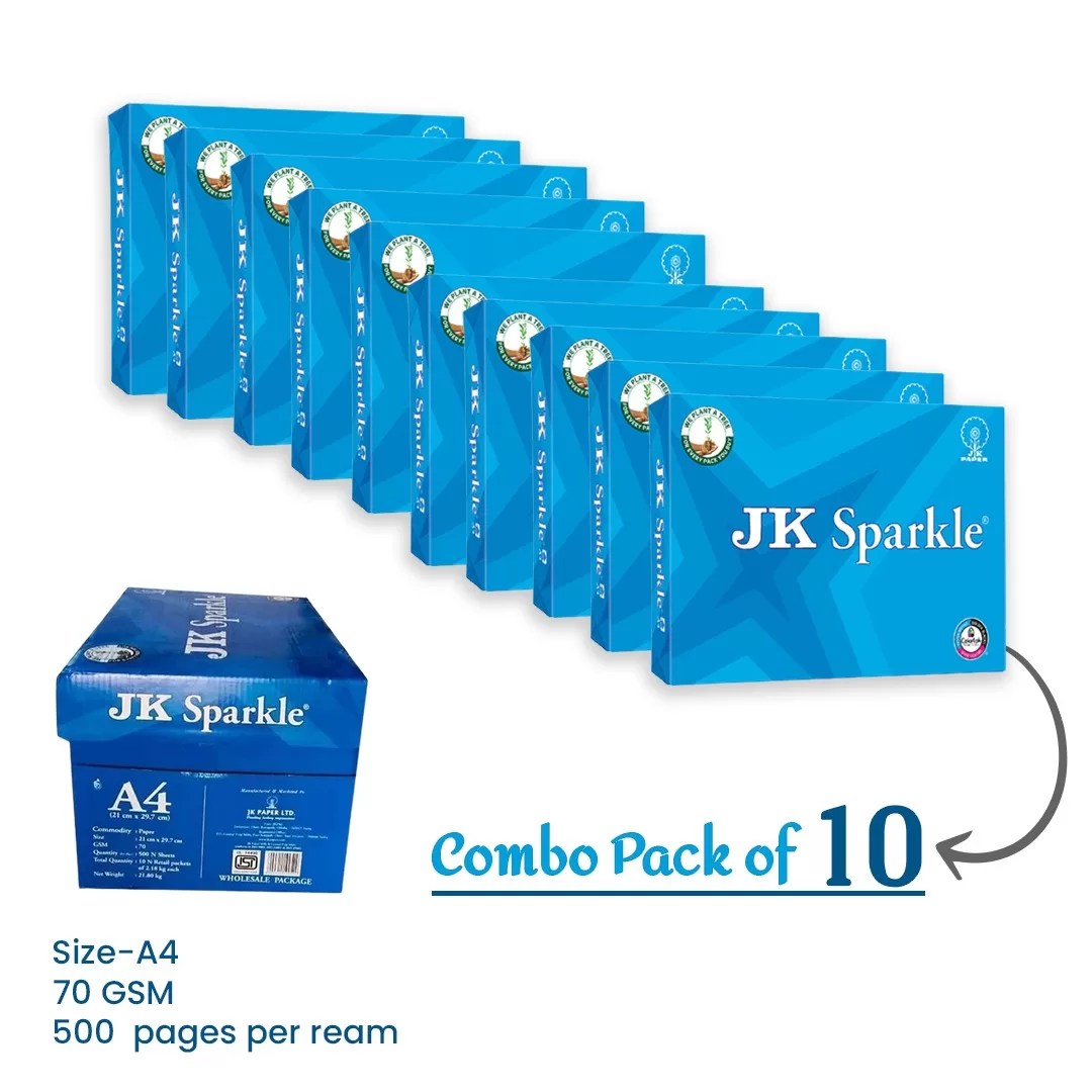 JK Sparkle A4 Size 70 GSM Copier Paper 1 Ream (500 Sheets) Pack of 10
