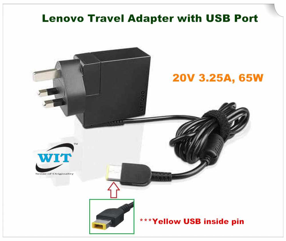 20V 3.25A, 65W Lenovo Travel Adapter with USB Port, P/N 4X20M73669, DC