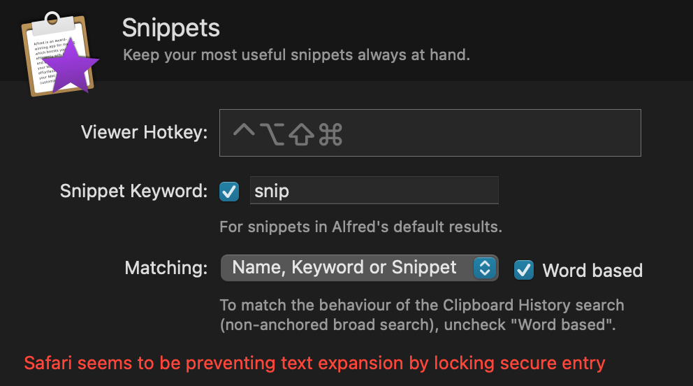 Alfred Snippets & Text Expansion is not working WithCB