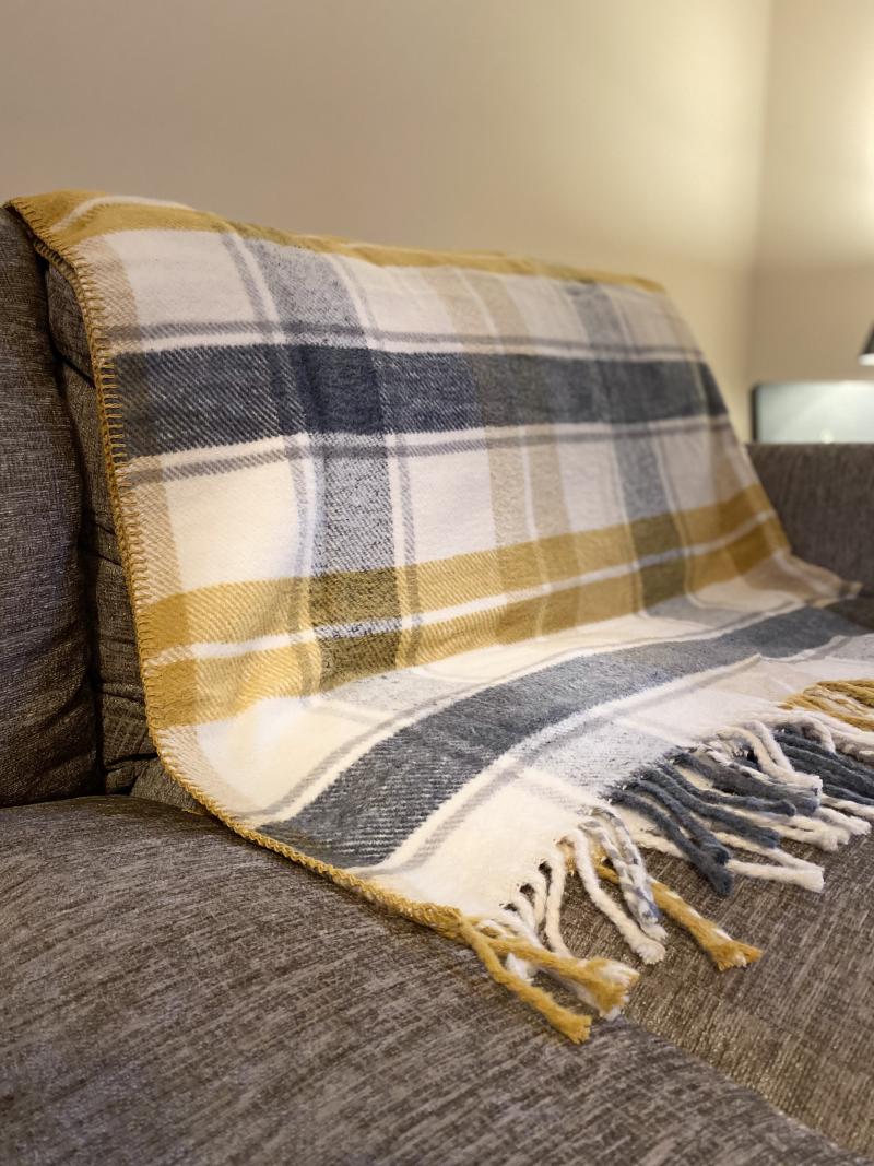 Yellow & Grey Check Cotton Blanket, Personalised Cosy Blanket