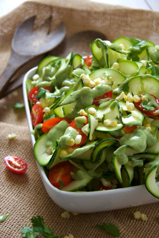 Sweet Corn, Cherry Tomato & Zucchini Salad with Avocado Ranch Dressing