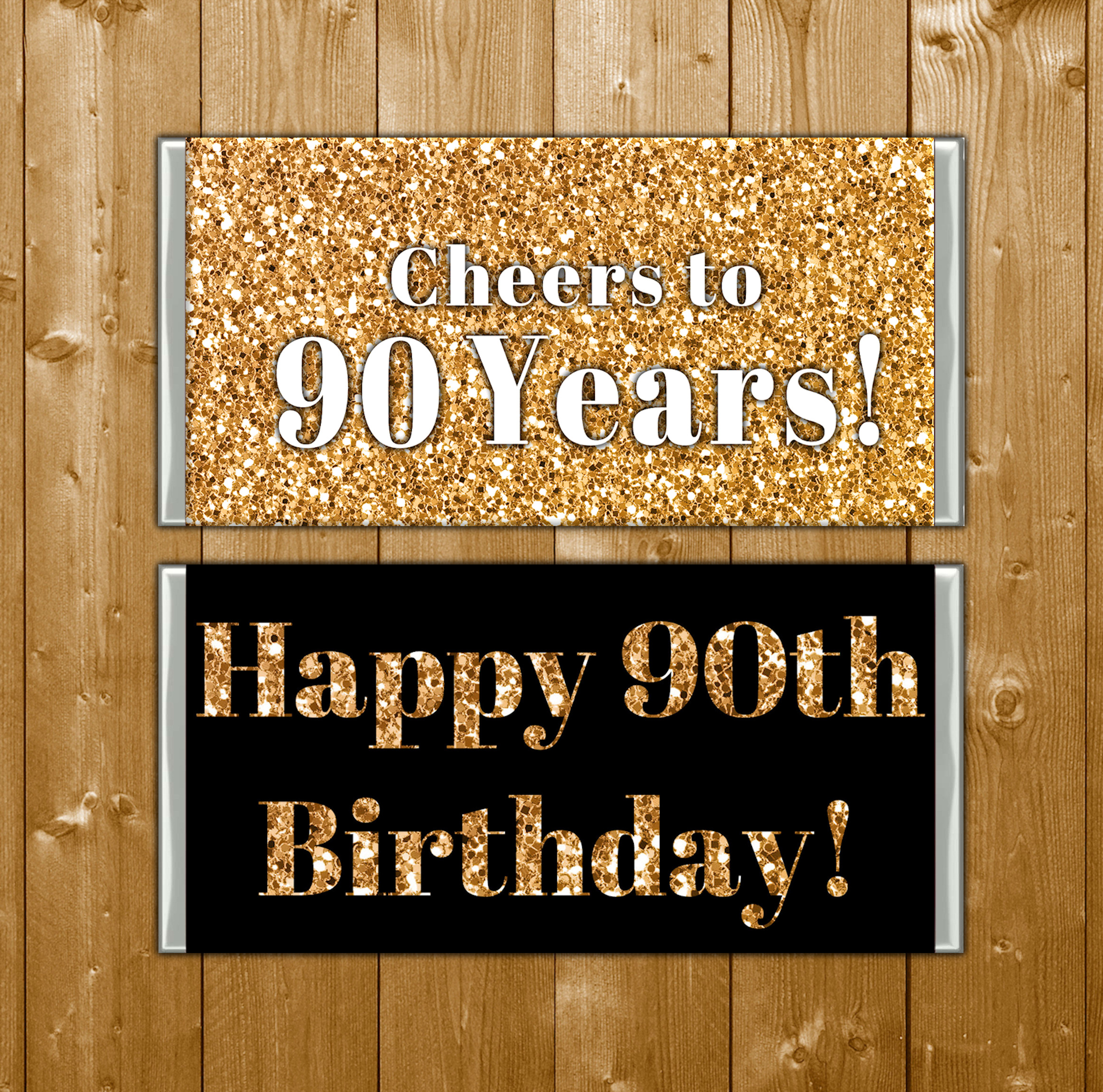 Gold Glitter on Black 90th Birthday Party Candy Bar Wrapper