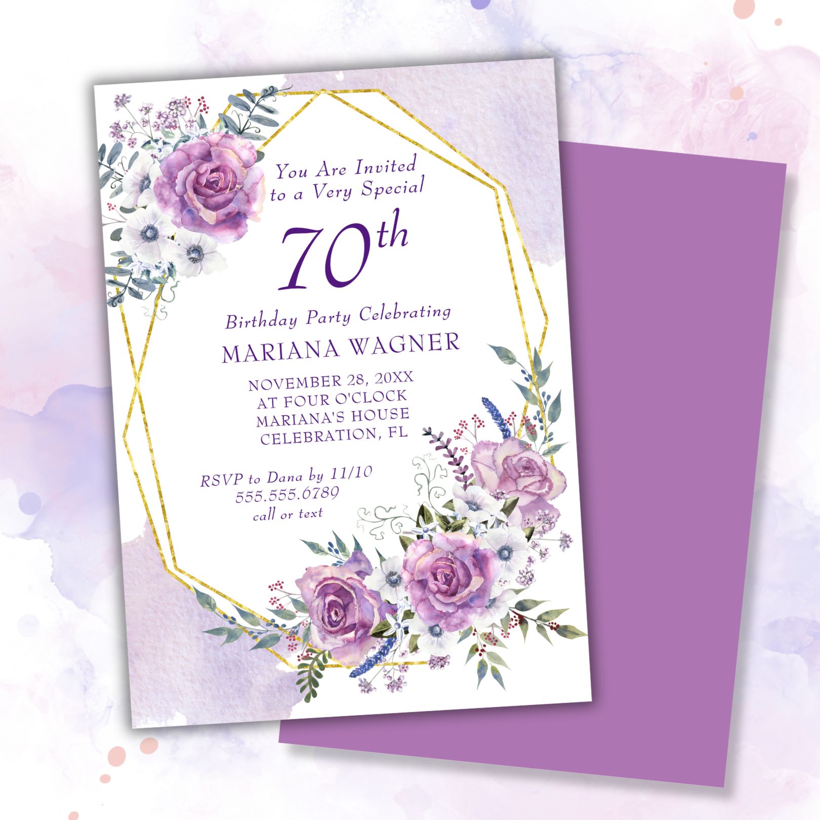 70th Birthday Invitation Lavender Purple Flowers Gold Frame Birthday