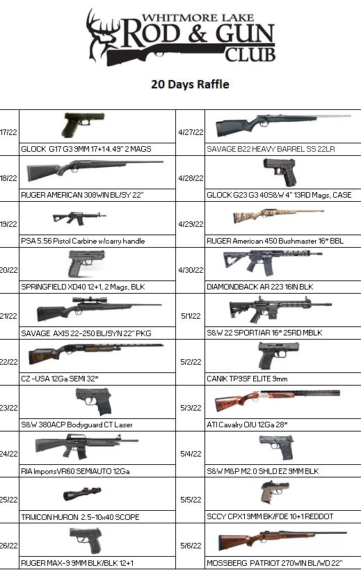 20 Days Raffle The Whitmore Lake Rod and Gun Club