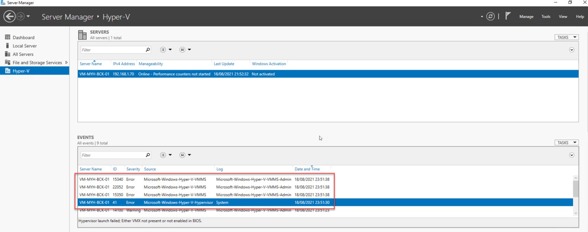 How to fix HyperV Event ID errors 41, 15340 and 15350 when running the