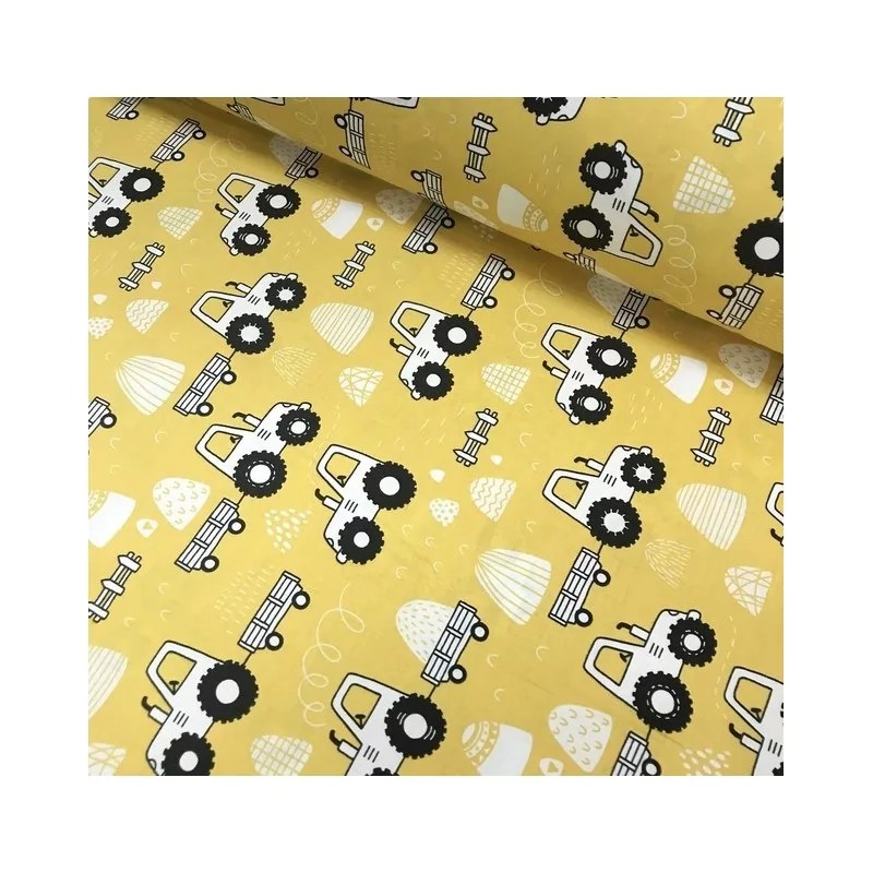 Fabric with tractors on a yellow background Bedroom decoration
