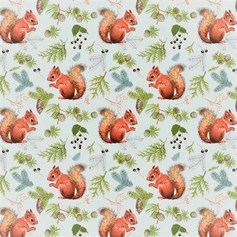 Cotton fabric with adorable squirrel in the woods